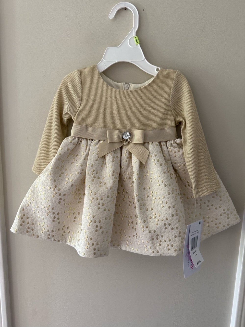 Bonnie Baby NWT Girls Cream & Gold Holiday Bow Dress Bloomers 3-6 months